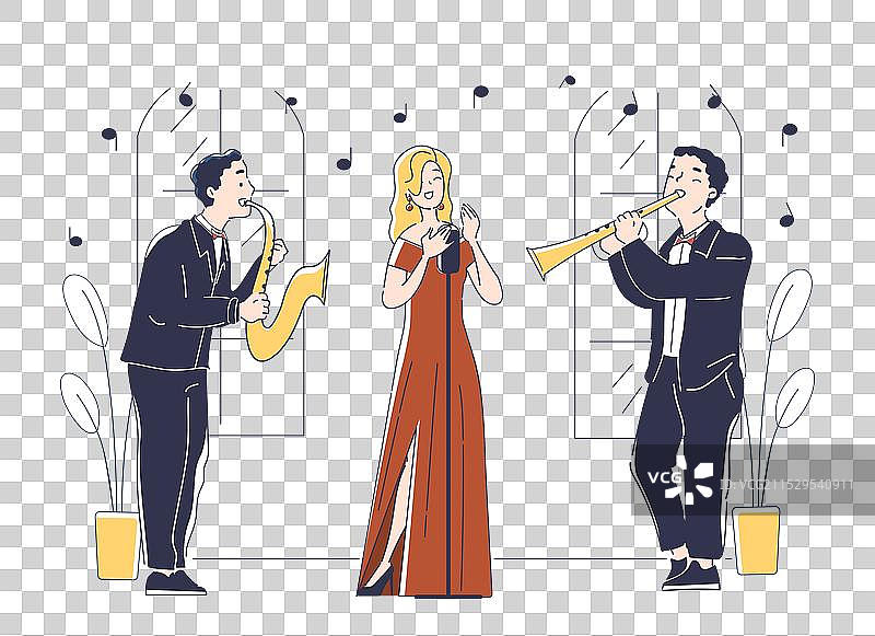 爵士乐队表演，穿着裙子的女性在唱歌，男性伴奏。图片素材