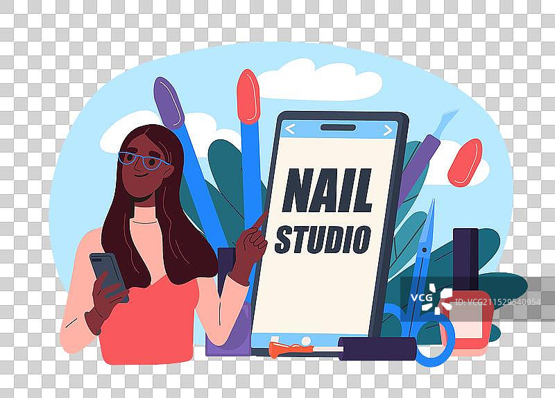 手机旁的女性在美甲工作室，附近有剪刀和指甲。图片素材