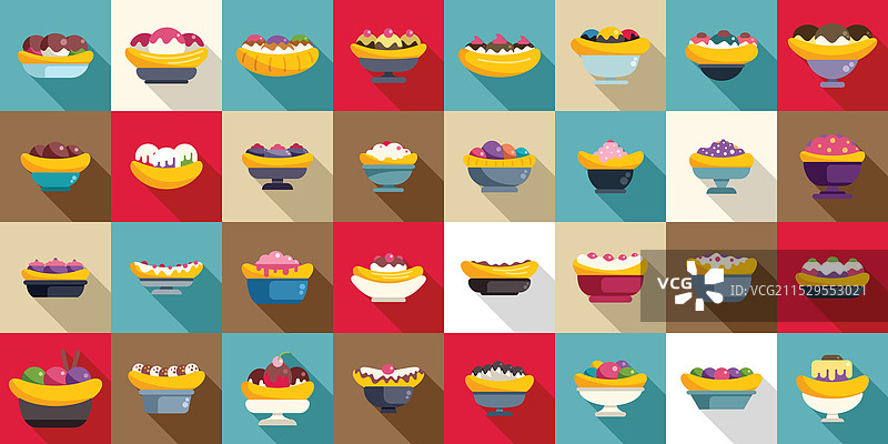 香蕉船图标集，扁平风格，奶油，卡路里图片素材