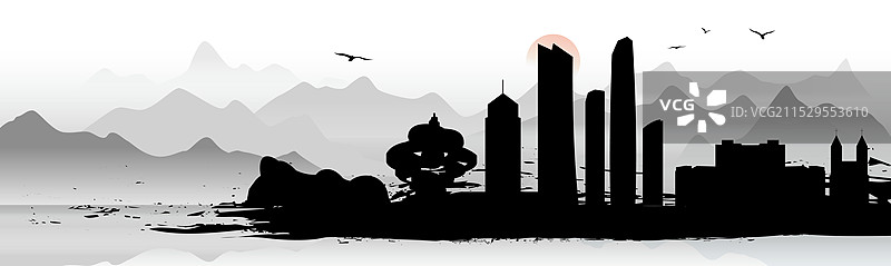 国风水墨青岛城市地标建筑矢量插画图片素材