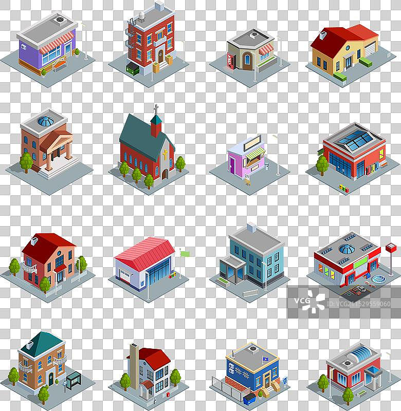 建筑等距图标集图片素材