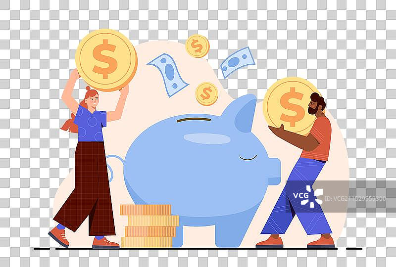 拥有储蓄的人，男人和女人与金币图片素材
