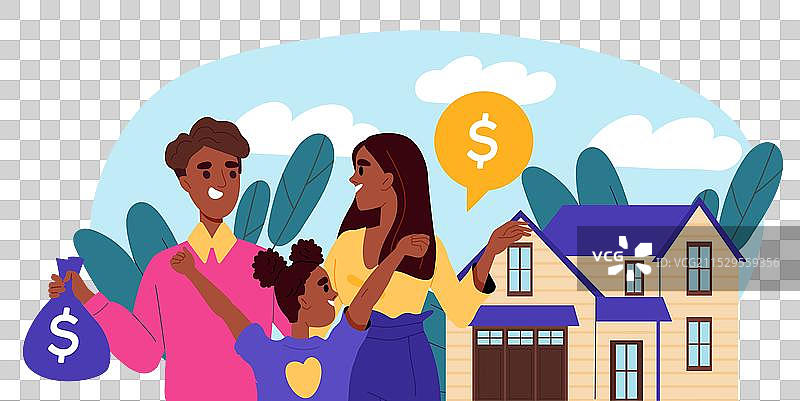 一家人购买房子，男人和女人旁边有个女孩。图片素材