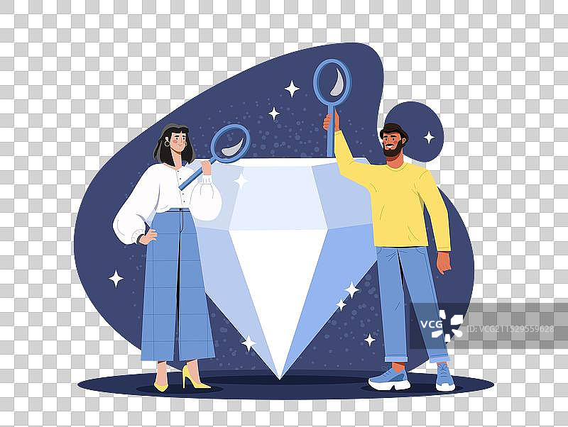 带着放大镜的男女与钻石图片素材