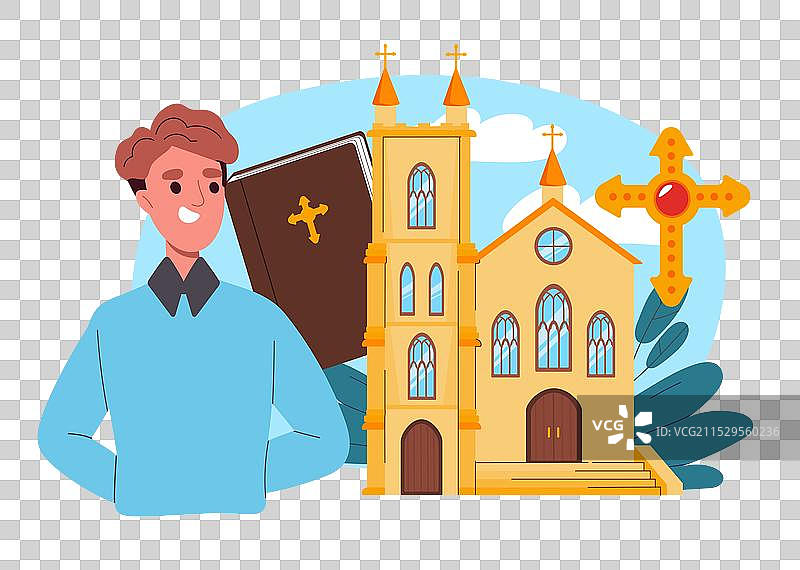 年轻的基督教男子站在教堂附近图片素材