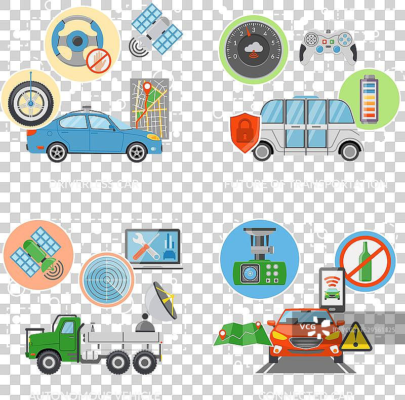 无人驾驶汽车自动驾驶车辆2x2图标集图片素材