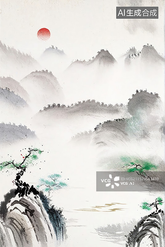 【AI数字艺术】意境山水，层次感的山脉图片素材