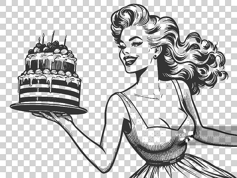 女性展示分层蛋糕的雕刻图片素材