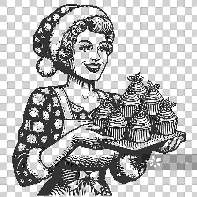 克劳斯夫人手持圣诞杯子蛋糕托盘图片素材