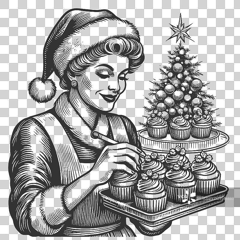 克劳斯夫人手持圣诞杯子蛋糕托盘图片素材