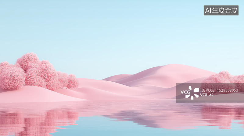 【AI数字艺术】湖面上的沙丘和粉色樱花图片素材