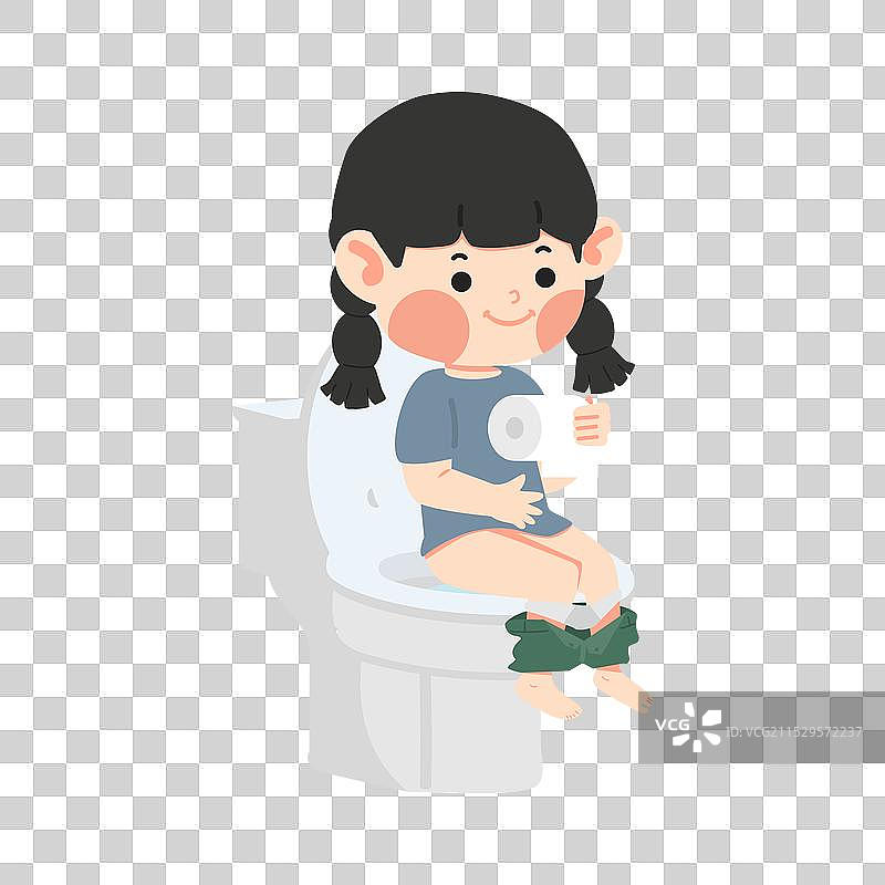 孩子坐在马桶上，手里拿着卫生纸卷图片素材