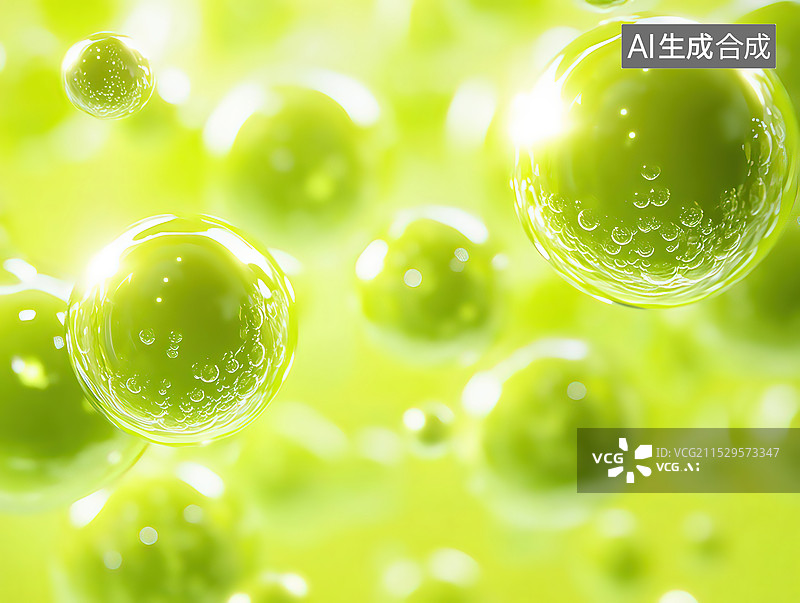 【AI数字艺术】淡绿色球体泡泡气泡的特写镜头化妆品概念背景图片素材