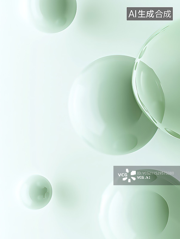 【AI数字艺术】淡绿色球体泡泡气泡的特写镜头化妆品概念背景图片素材