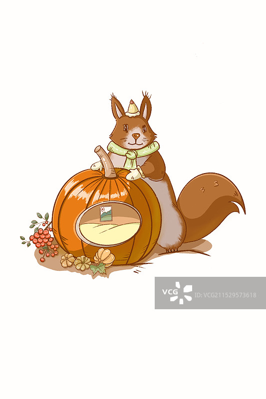 秋天，小松鼠抱着南瓜屋。图片素材