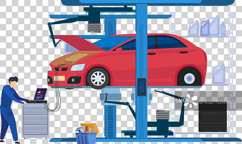 汽车修理工正在使用诊断电脑进行检测图片素材