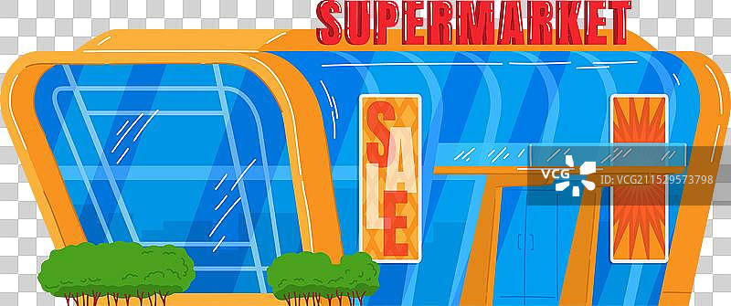 明亮的卡通超市外观，带有促销标志图片素材