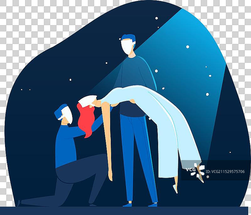 两名戴着口罩的医生抬着一名病人图片素材