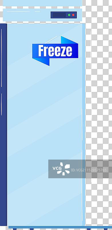 带有冷冻贴纸的蓝色立式冰柜在家中图片素材