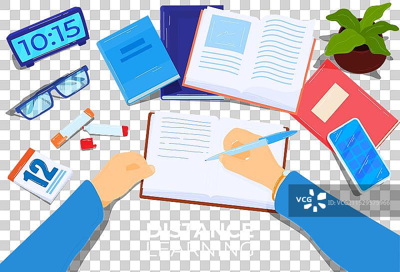 手在笔记本上写字，旁边有学习材料图片素材