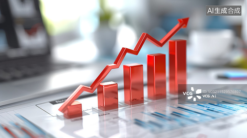 【AI数字艺术】堆积排列增高的积木和增长的箭头——金融股市股票增长概念图片素材