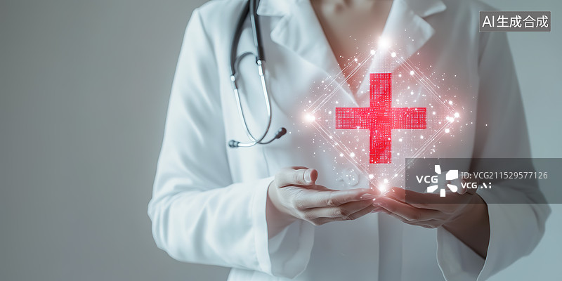 【AI数字艺术】医生手捧发光红十字标志——医疗健康保健概念图片素材