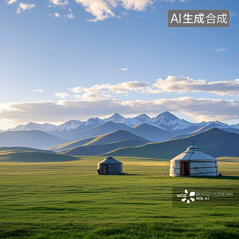 【AI数字艺术】夏季早晨草原蒙古包日出图片素材