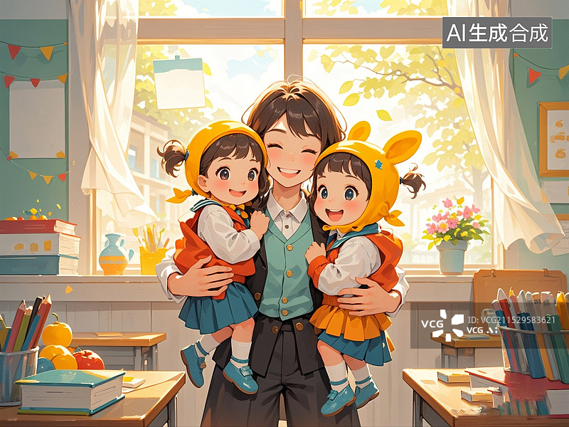 【AI数字艺术】教师节老师抱着两个小学生温馨画面图片素材