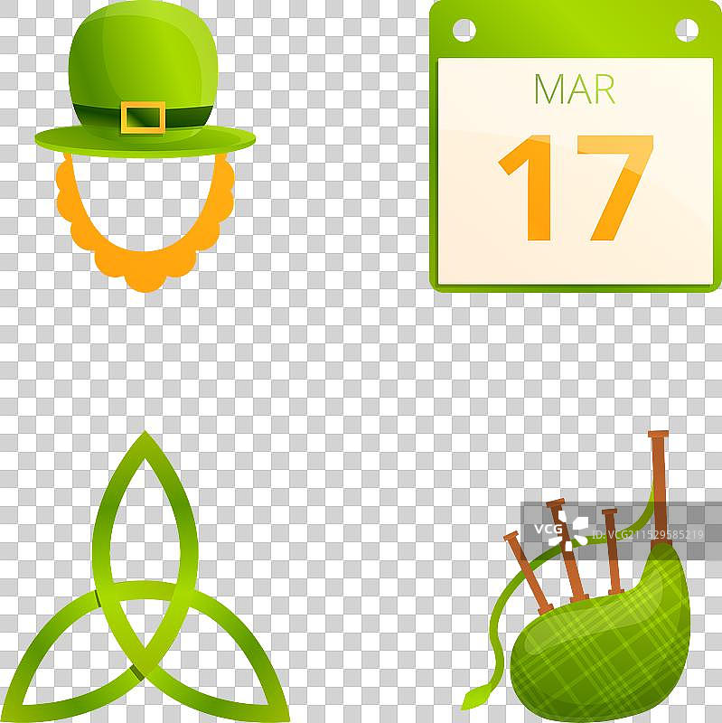 圣帕特里克节图标集 卡通风格 各种图案图片素材