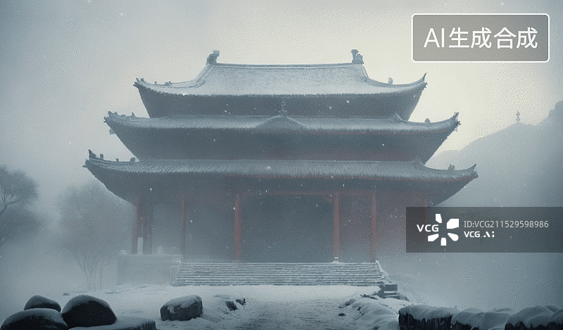 【AI数字艺术】雾中的古建筑图片素材