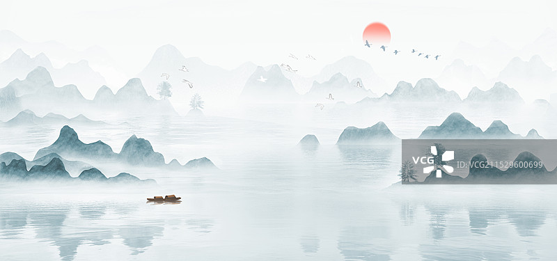 中国风蓝色意境山水画图片素材