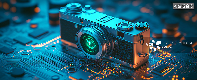 【AI数字艺术】一台相机，背景是一个电路板。相机的镜头和机身细节清晰可见，背景中的电路板上有许多发光的元件图片素材