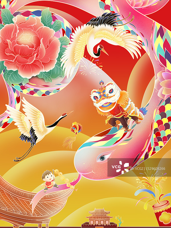 手绘国潮风蛇年春节贺岁插画图片素材