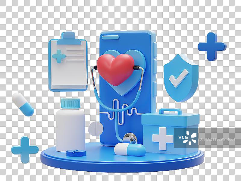 手机心听诊器药箱药品记事本医疗服务三维图图片素材