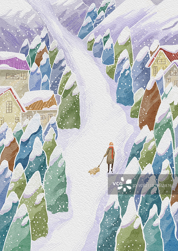 冬天雪景森林小屋人漫步插画图片素材