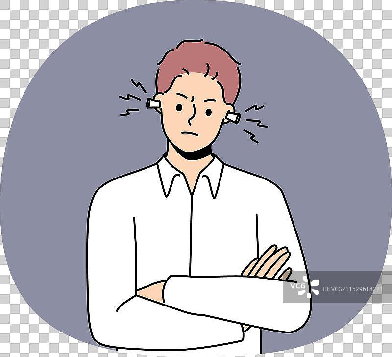 不快乐的男人戴着耳塞以隔绝噪音图片素材