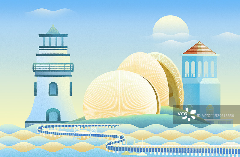 珠海城市地标建筑爱情塔横琴岛日月贝大剧场扁平设计插画图片素材