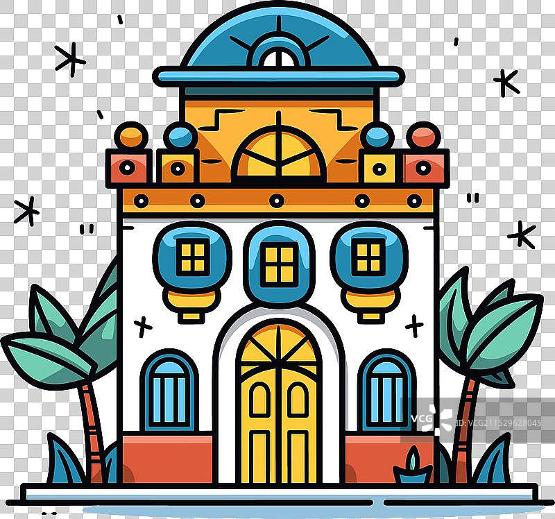 色彩丰富的卡通风格建筑与树木图片素材