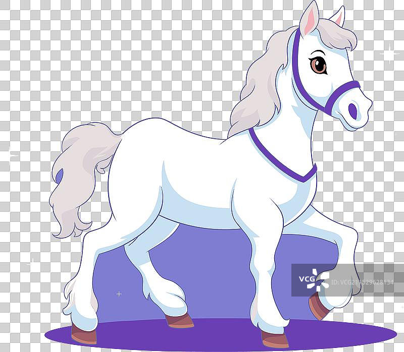 白色威武的卡通马，配有紫色马具图片素材