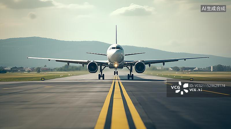 【AI数字艺术】飞机场跑道上起飞的飞机图片素材