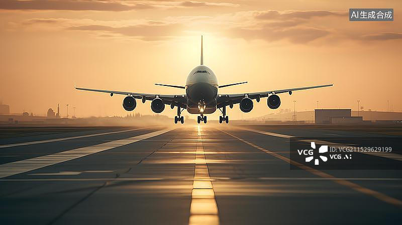 【AI数字艺术】飞机场跑道上起飞的飞机图片素材