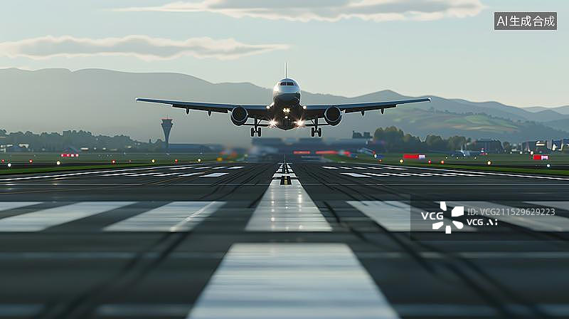 【AI数字艺术】飞机场跑道上起飞的飞机图片素材