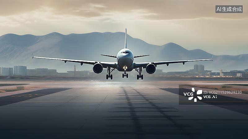 【AI数字艺术】飞机场跑道上起飞的飞机图片素材
