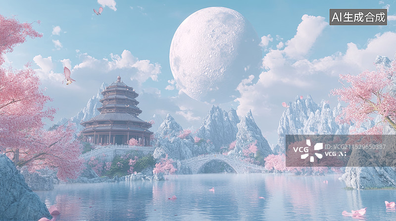 【AI数字艺术】中国风梦幻粉色仙境图片素材