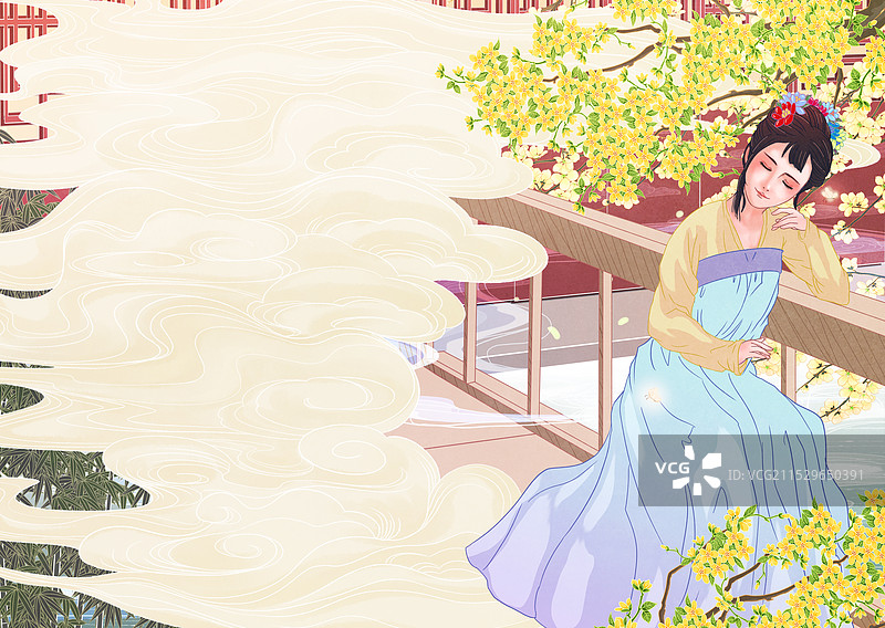 中国国风国潮汉服少女美女休闲背景插画横版图片素材