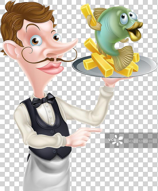 卡通鱼和薯条的服务员管家指着某处图片素材