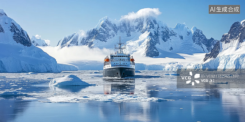 【AI数字艺术】一艘大型船只在冰冻海域航行的情景。船体呈现出深棕色，似乎已经经历了长时间的海上旅行。图片素材