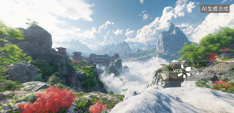 【AI数字艺术】一幅壮丽的山景，云雾缭绕在高耸入云的山峰之间。山脉被茂密的绿色植被覆盖，给人一种宁静而神秘的感觉。图片素材