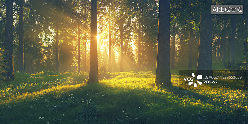 【AI数字艺术】一个美丽的森林场景，阳光透过树叶洒在地上，形成斑驳的光影效果。树木高大挺拔，枝叶繁茂，给人一种清新图片素材
