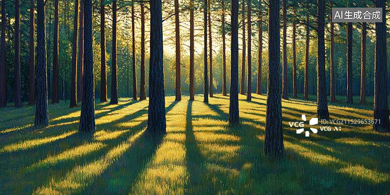 【AI数字艺术】一个美丽的森林场景，阳光透过树叶洒在地上，形成斑驳的光影效果。树木高大挺拔，枝叶繁茂，给人一种清新图片素材